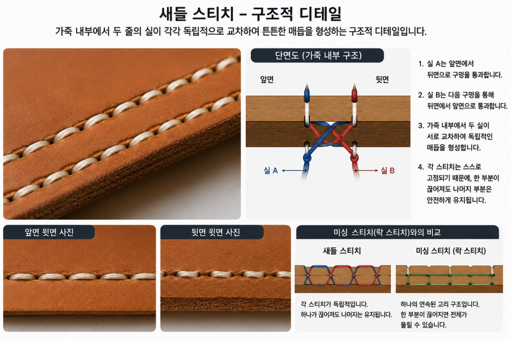 가죽 내부에서 두 줄의 실이 독립적으로 교차하며 견고한 매듭을 형성하는 구조적 디테일