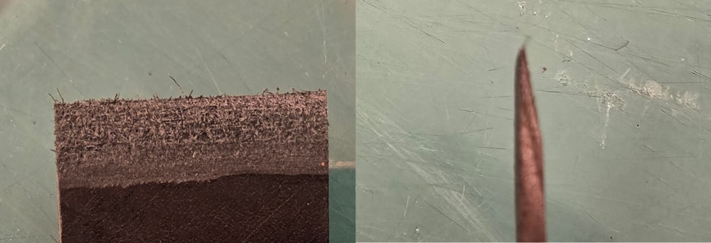 고급 가죽 외곽선을 따라 정밀한 직선 베벨 경사로 구현된 피할 단면 클로즈업